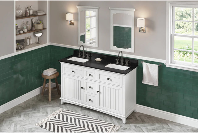 Savino 60'' White Vanity, double bowl, Black Granite Vanity Top, two undermount rectangle bowls VKITSAV60WHBGR