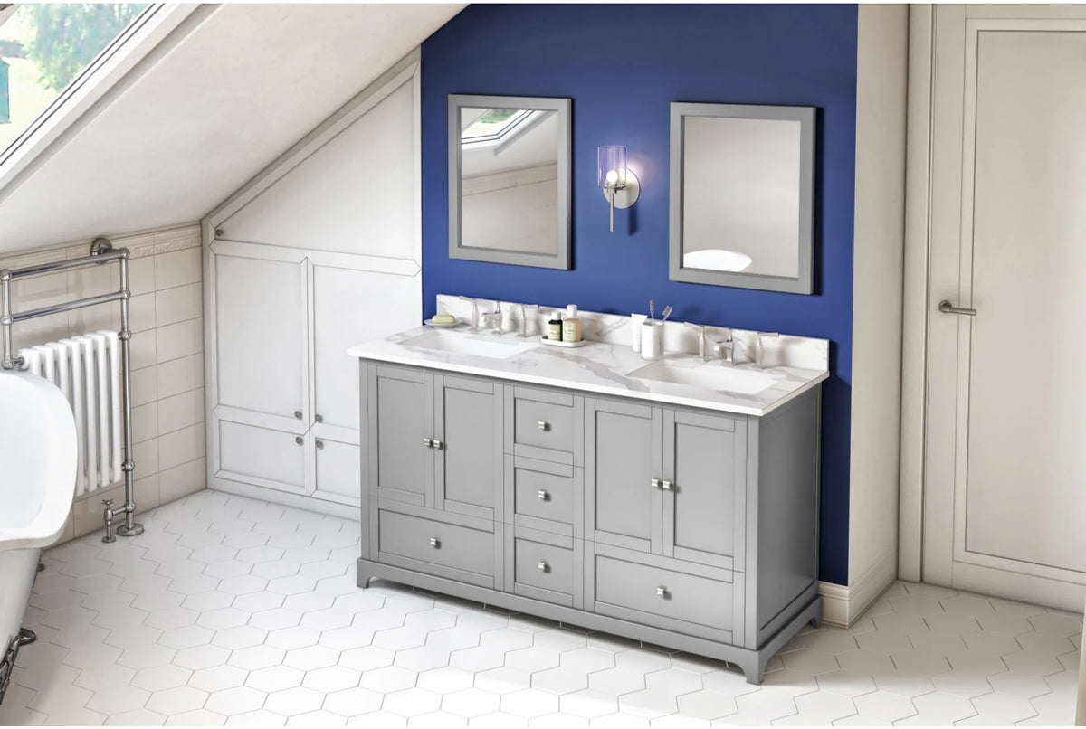 Addington 60'' Grey Vanity, double bowl, Calacatta Vienna Quartz Vanity Top, two undermount rectangle bowls VKITADD60GRCQR