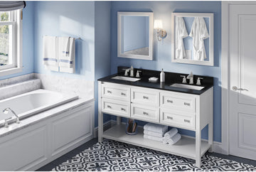 Adler 60'' White Vanity, double bowl, Black Granite Vanity Top, two undermount rectangle bowls VKITADL60WHBGR