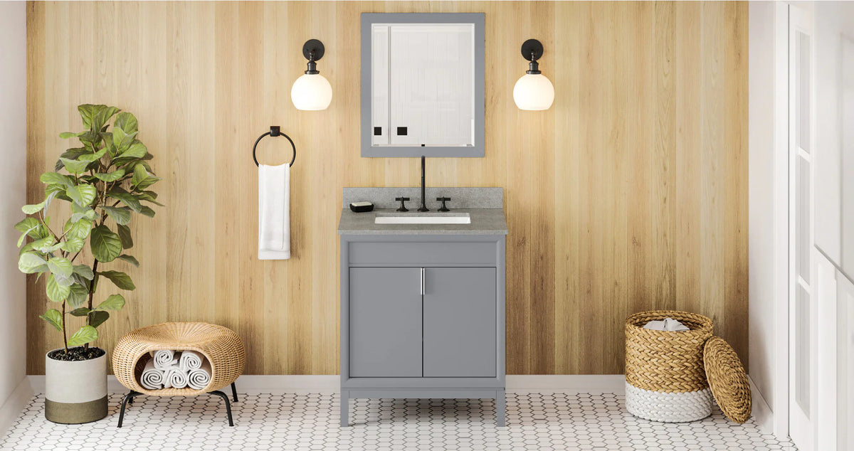 Theodora 30'' Grey Vanity, Steel Grey Cultured Marble Vanity Top, undermount rectangle bowl VKITTHE30GRSGR