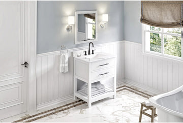 Wavecrest 30'' White Vanity, Calacatta Vienna Quartz Vanity Top, undermount rectangle bowl VKITWAV30WHCQR