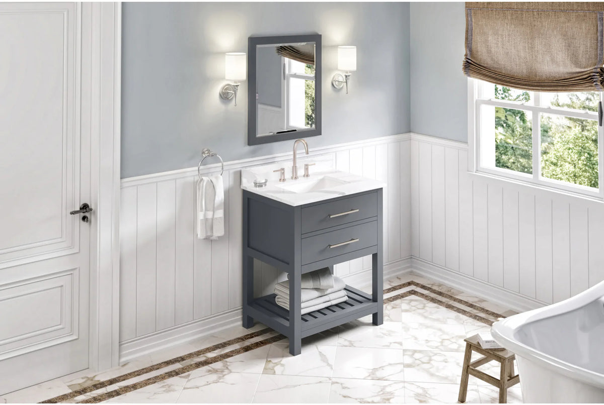 Wavecrest 30'' Grey Vanity, Calacatta Vienna Quartz Vanity Top, undermount rectangle bowl VKITWAV30GRCQR