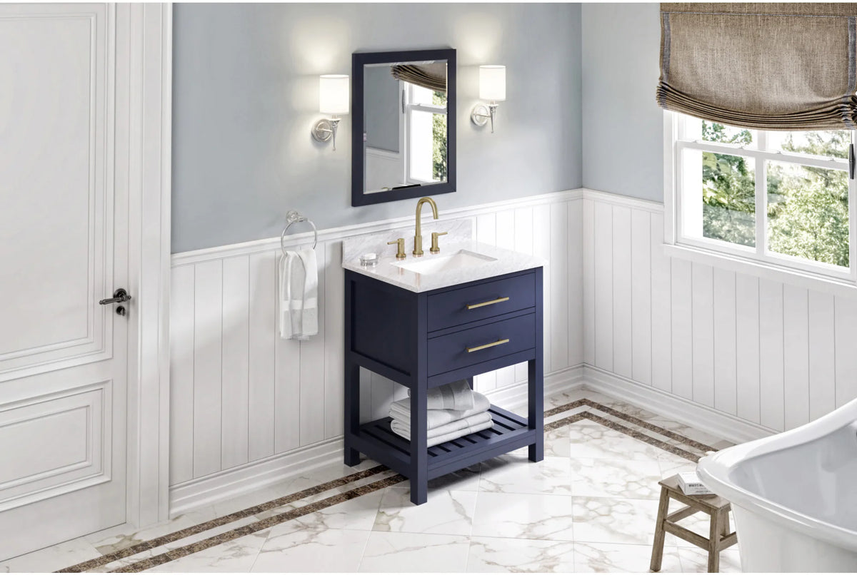 Wavecrest 30'' Hale Blue Vanity, White Carrara Marble Vanity Top, undermount rectangle bowl VKITWAV30BLWCR