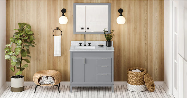 Theodora 36'' Grey Vanity, left offset, White Carrara Marble Vanity Top, undermount rectangle bowl VKITTHE36GRWCR