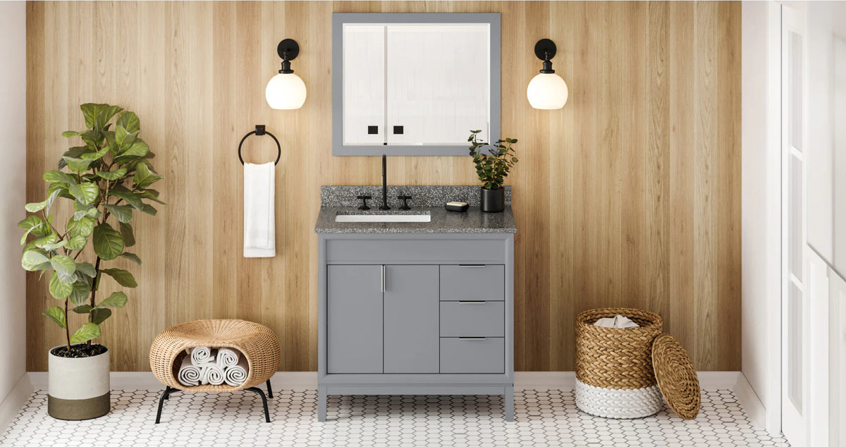 Theodora 36'' Grey Vanity, left offset, Boulder Vanity Cultured Marble Vanity Top, undermount rectangle bowl VKITTHE36GRBOR