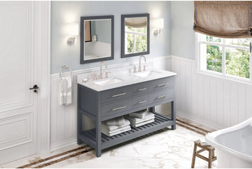 Wavecrest 60'' Grey Vanity, double bowl, White Carrara Marble Vanity Top, two undermount rectangle bowls VKITWAV60GRWCR