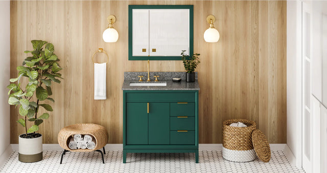 Theodora 36'' Forest Green Vanity, left offset, Boulder Vanity Cultured Marble Vanity Top, undermount rectangle bowl VKITTHE36GNBOR