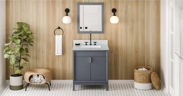 Theodora 30'' Blue Steel Vanity, White Carrara Marble Vanity Top, undermount rectangle bowl VKITTHE30BSWCR