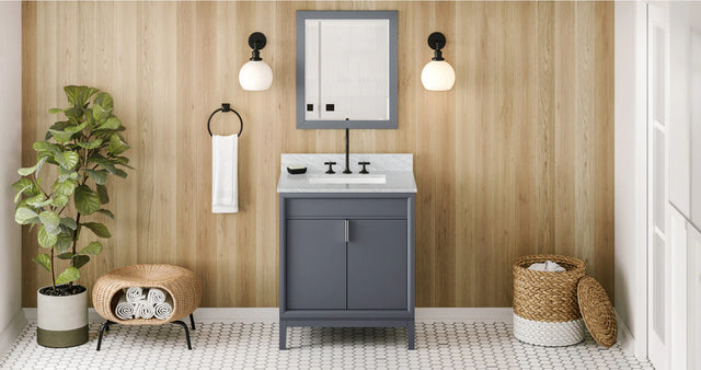 Theodora 30'' Blue Steel Vanity, White Carrara Marble Vanity Top, undermount rectangle bowl VKITTHE30BSWCR