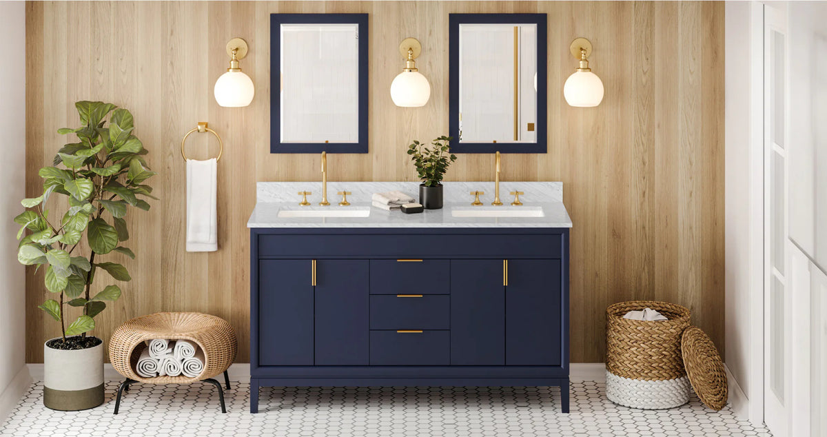 Theodora 60'' Hale Blue Vanity, double bowl, White Carrara Marble Vanity Top, two undermount rectangle bowls VKITTHE60BLWCR