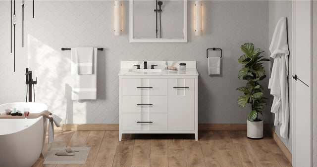Katara 42'' White Vanity, left offset, Calacatta Vienna Quartz Vanity Top, undermount rectangle bowl VKITKAT42WHCQR