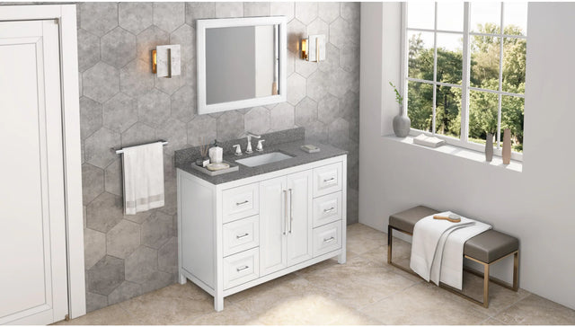 Cade 48'' White Vanity, Boulder Cultured Marble Vanity Top, undermount rectangle bowl VKITCAD48WHBOR