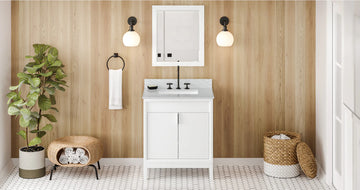 Theodora 30'' White Vanity, White Carrara Marble Vanity Top, undermount rectangle bowl VKITTHE30WHWCR