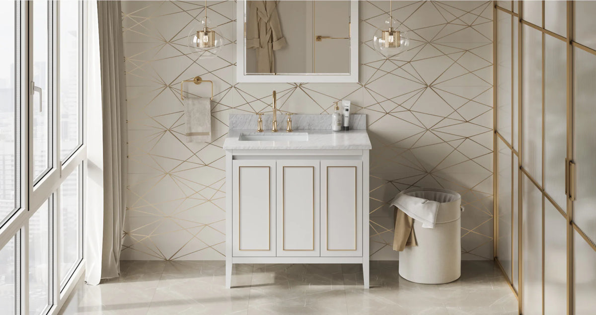 Percival 36'' White Vanity, left offset, White Carrara Marble Vanity Top, undermount rectangle bowl VKITPER36WHWCR