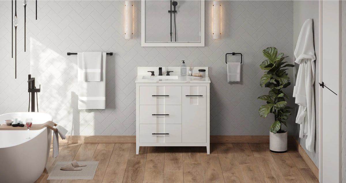 Katara 36'' White Vanity, left offset, Calacatta Vienna Quartz Vanity Top, undermount rectangle bowl VKITKAT36WHCQR