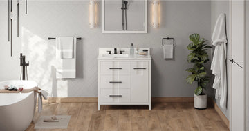 Katara 36'' White Vanity, left offset, Calacatta Vienna Quartz Vanity Top, undermount rectangle bowl VKITKAT36WHCQR