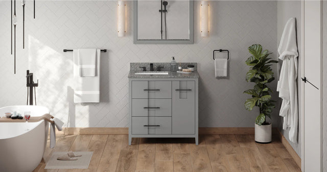 Katara 36'' Grey Vanity, left offset, Boulder Vanity Cultured Marble Vanity Top, undermount rectangle bowl VKITKAT36GRBOR