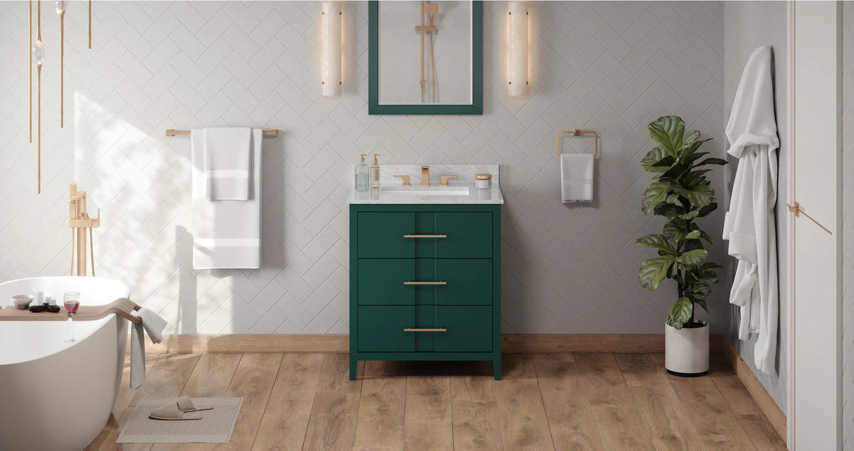 Katara 30'' Forest Green Vanity, White Carrara Marble Vanity Top, undermount rectangle bowl VKITKAT30GNWCR