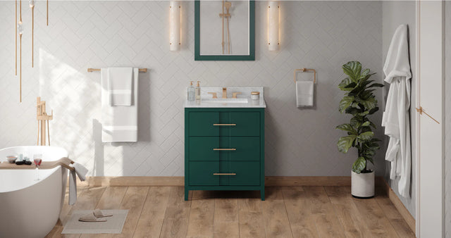 Katara 30'' Forest Green Vanity, White Carrara Marble Vanity Top, undermount rectangle bowl VKITKAT30GNWCR