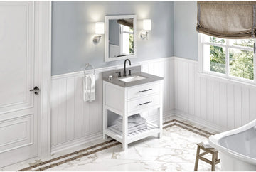 Wavecrest 30'' White Vanity, Steel Grey Cultured Marble Vanity Top, undermount rectangle bowl VKITWAV30WHSGR