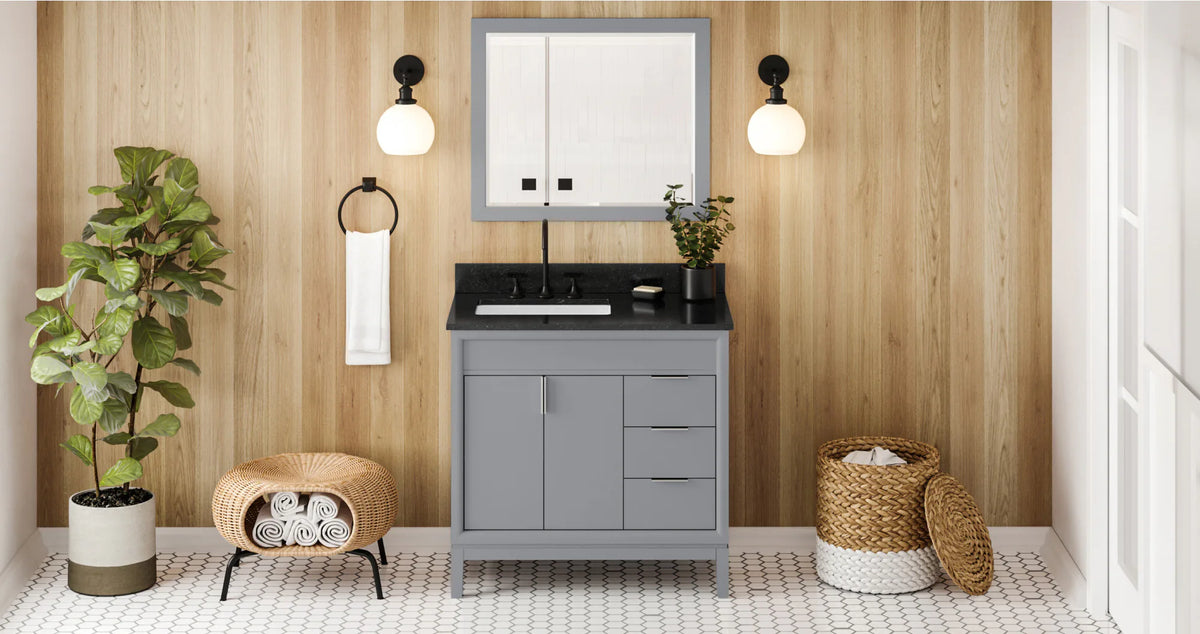 Theodora 36'' Grey Vanity, left offset, Black Granite Vanity Top, undermount rectangle bowl VKITTHE36GRBGR