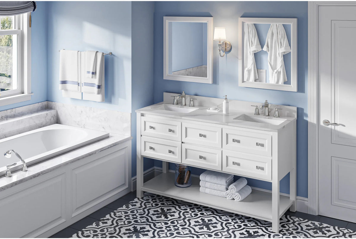 Adler 60'' White Vanity, double bowl, Calacatta Vienna Quartz Vanity Top, two undermount rectangle bowls VKITADL60WHCQR