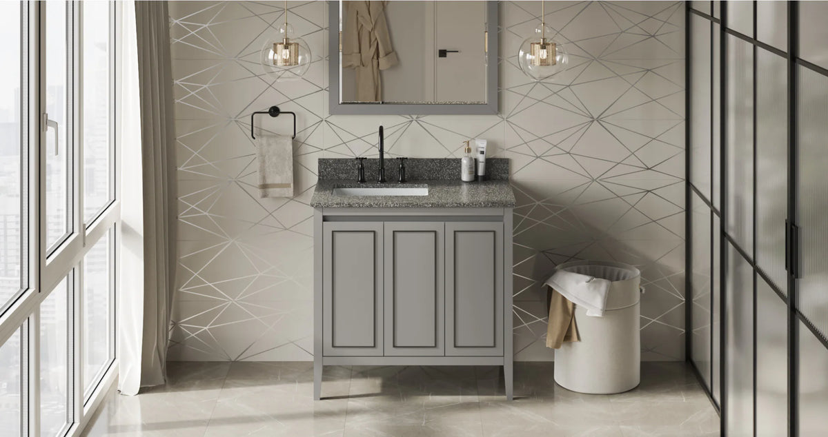 Percival 36'' Grey Vanity, left offset, Boulder Vanity Cultured Marble Vanity Top, undermount rectangle bowl VKITPER36GRBOR