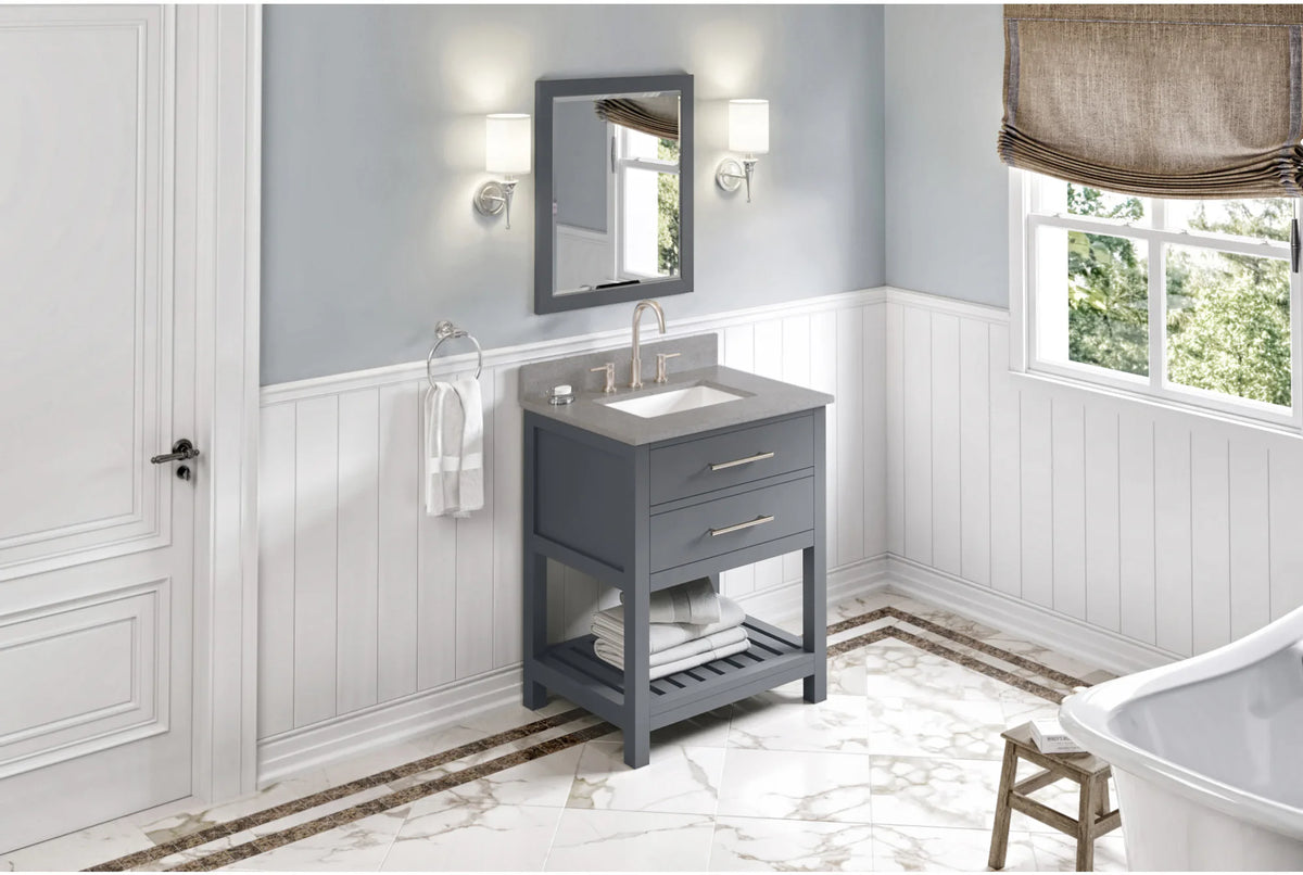 Wavecrest 30'' Grey Vanity, Steel Grey Cultured Marble Vanity Top, undermount rectangle bowl VKITWAV30GRSGR