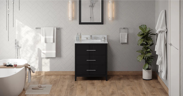 Katara 30'' Black Vanity, White Carrara Marble Vanity Top, undermount rectangle bowl VKITKAT30BKWCR