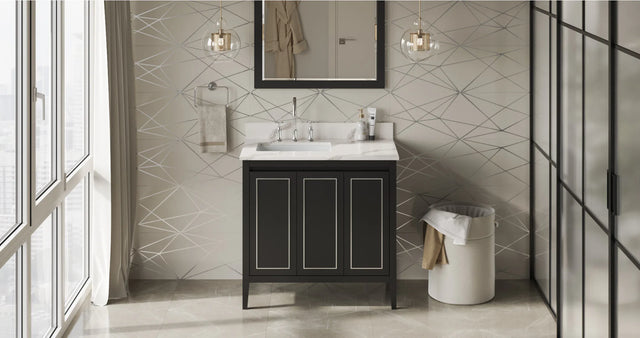 Percival 36'' Black Vanity, left offset, Calacatta Vienna Quartz Vanity Top, undermount rectangle bowl VKITPER36BKCQR