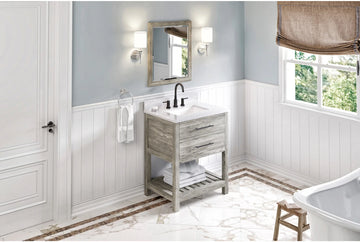 Wavecrest 30'' Weathered Grey Vanity, White Carrara Marble Vanity Top, undermount rectangle bowl VKITWAV30WGWCR