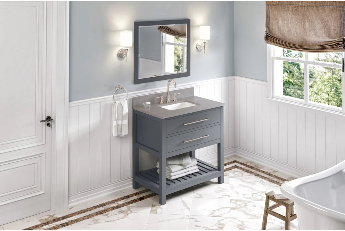Wavecrest 36'' Grey Vanity, Steel Grey Cultured Marble Vanity Top, undermount rectangle bowl VKITWAV36GRSGR