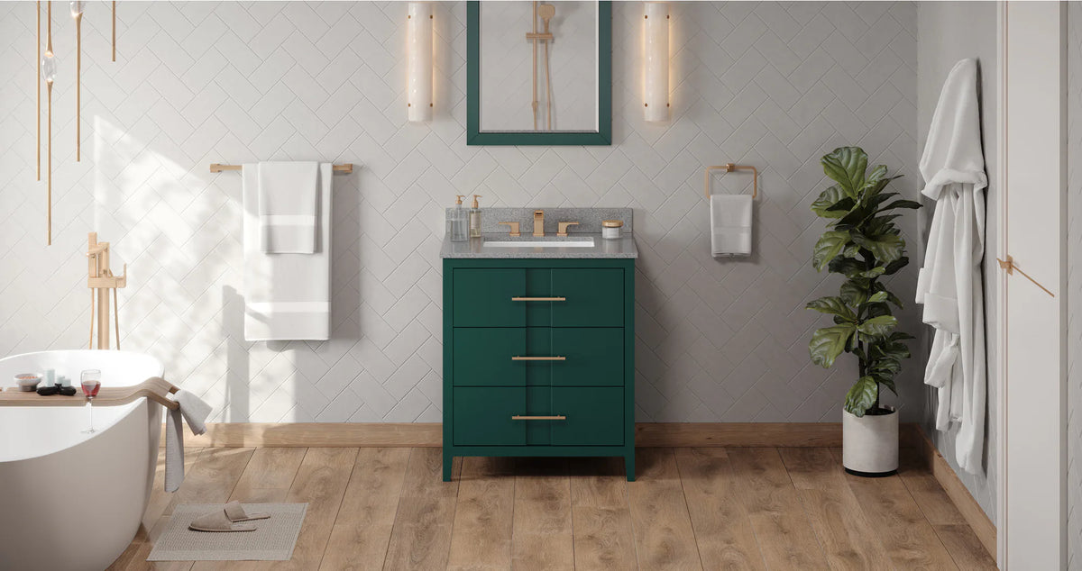 Katara 30'' Forest Green Vanity, Steel Grey Cultured Marble Vanity Top, undermount rectangle bowl VKITKAT30GNSGR