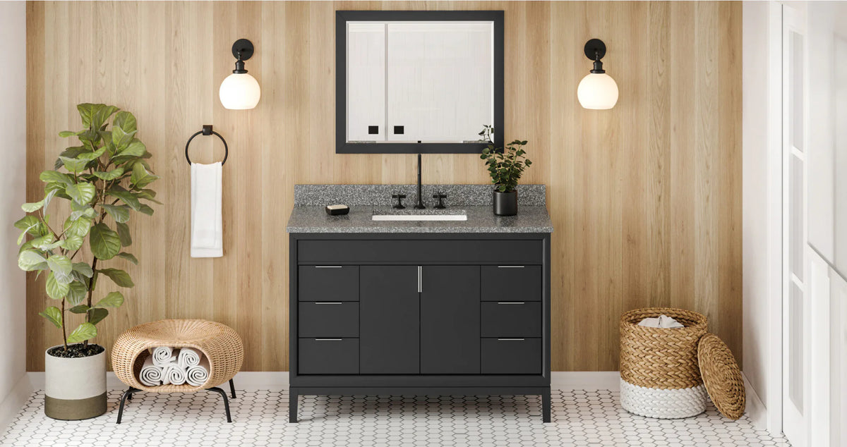 Theodora 48'' Black Vanity, Boulder Cultured Marble Vanity Top, undermount rectangle bowl VKITTHE48BKBOR