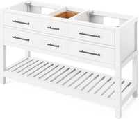 Wavecrest 60'' White Vanity, double bowl, White Carrara Marble Vanity Top, two undermount rectangle bowls VKITWAV60WHWCR
