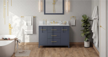 Katara 48'' Blue Steel Vanity, White Carrara Marble Vanity Top, undermount rectangle bowl VKITKAT48BSWCR