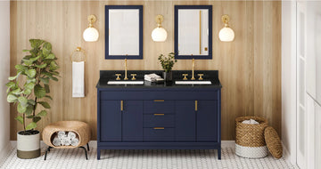 Theodora 60'' Hale Blue Vanity, double bowl, Black Granite Vanity Top, two undermount rectangle bowls VKITTHE60BLBGR