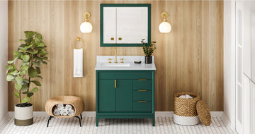 Theodora 36'' Forest Green Vanity, left offset, White Carrara Marble Vanity Top, undermount rectangle bowl VKITTHE36GNWCR