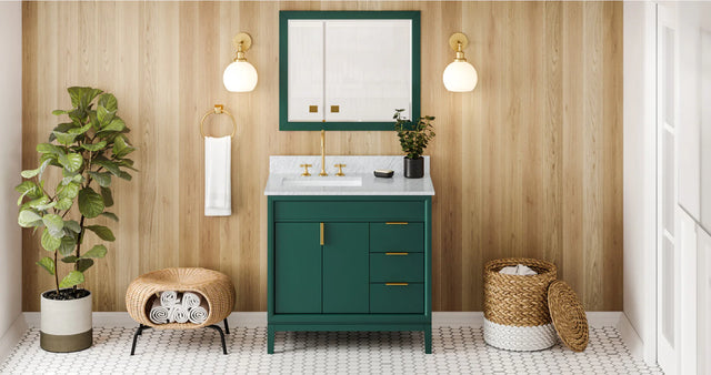 Theodora 36'' Forest Green Vanity, left offset, White Carrara Marble Vanity Top, undermount rectangle bowl VKITTHE36GNWCR