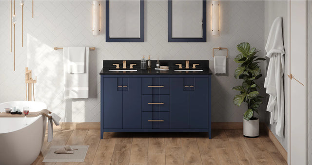 Katara 60'' Hale Blue Vanity, double bowl, Black Granite Vanity Top, two undermount rectangle bowls VKITKAT60BLBGR