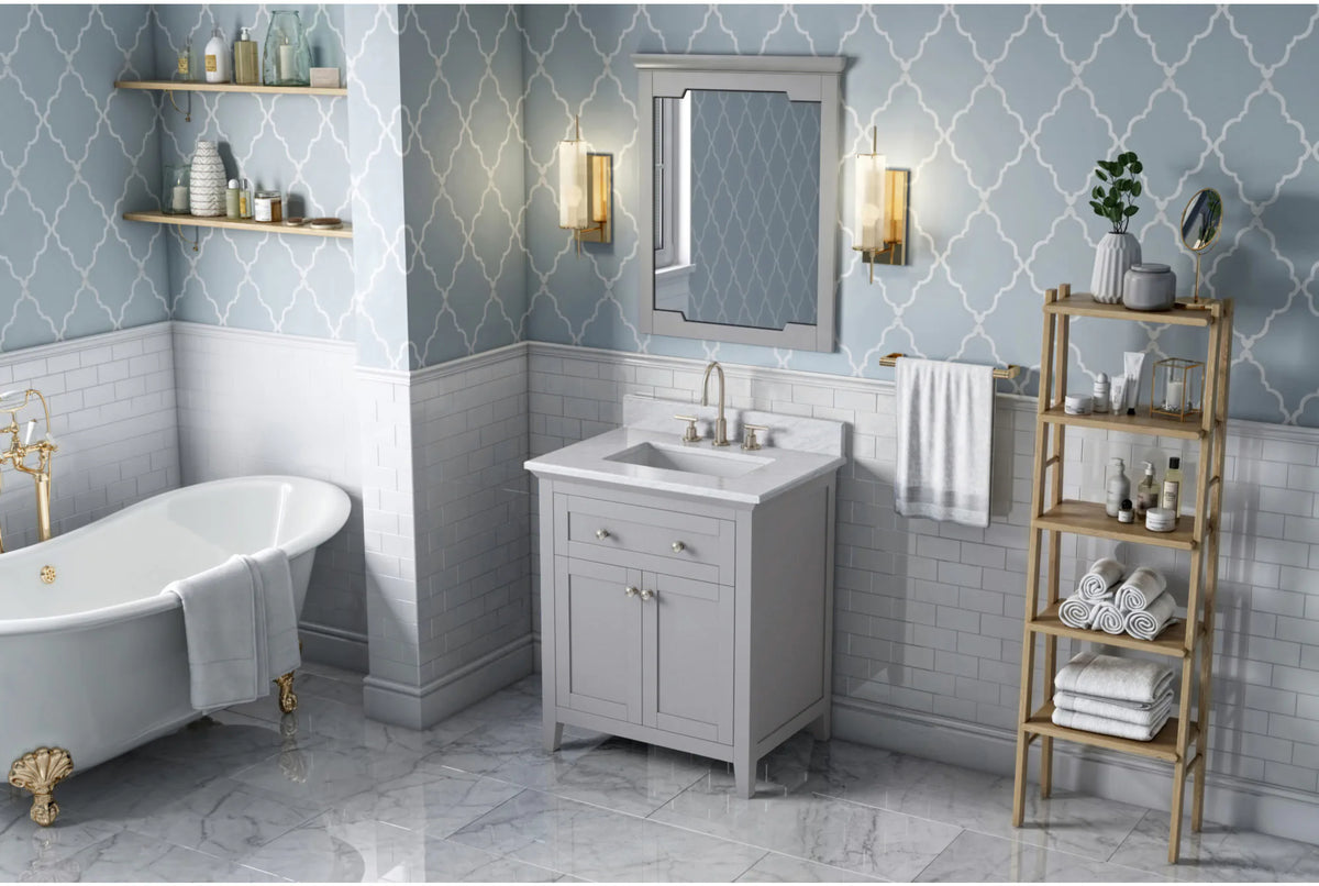 Chatham 30'' Grey Vanity, White Carrara Marble Vanity Top, undermount rectangle bowl VKITCHA30GRWCR