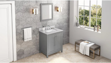 Cade 30'' Grey Vanity, White Carrara Marble Vanity Top, undermount rectangle bowl VKITCAD30GRWCR