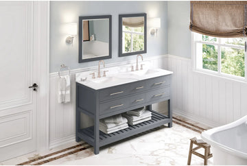 Wavecrest 60'' Grey Vanity, double bowl, Calacatta Vienna Quartz Vanity Top, two undermount rectangle bowls VKITWAV60GRCQR