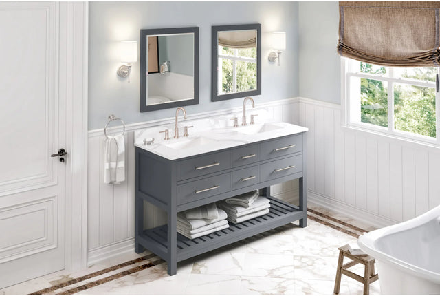 Wavecrest 60'' Grey Vanity, double bowl, Calacatta Vienna Quartz Vanity Top, two undermount rectangle bowls VKITWAV60GRCQR