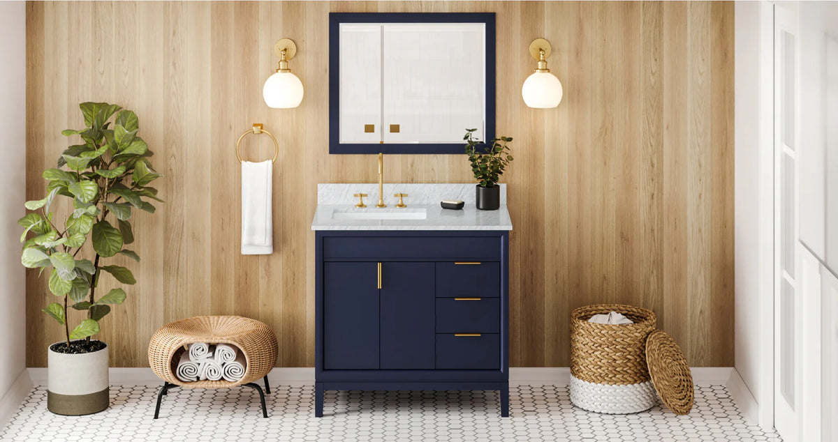 Theodora 36'' Hale Blue Vanity, left offset, White Carrara Marble Vanity Top, undermount rectangle bowl VKITTHE36BLWCR