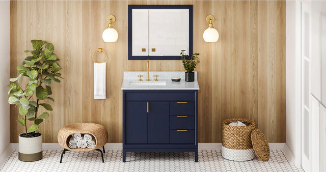 Theodora 36'' Hale Blue Vanity, left offset, White Carrara Marble Vanity Top, undermount rectangle bowl VKITTHE36BLWCR