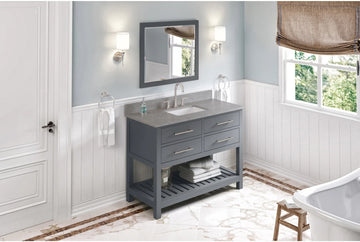 Wavecrest 48'' Grey Vanity, Steel Grey Cultured Marble Vanity Top, undermount rectangle bowl VKITWAV48GRSGR