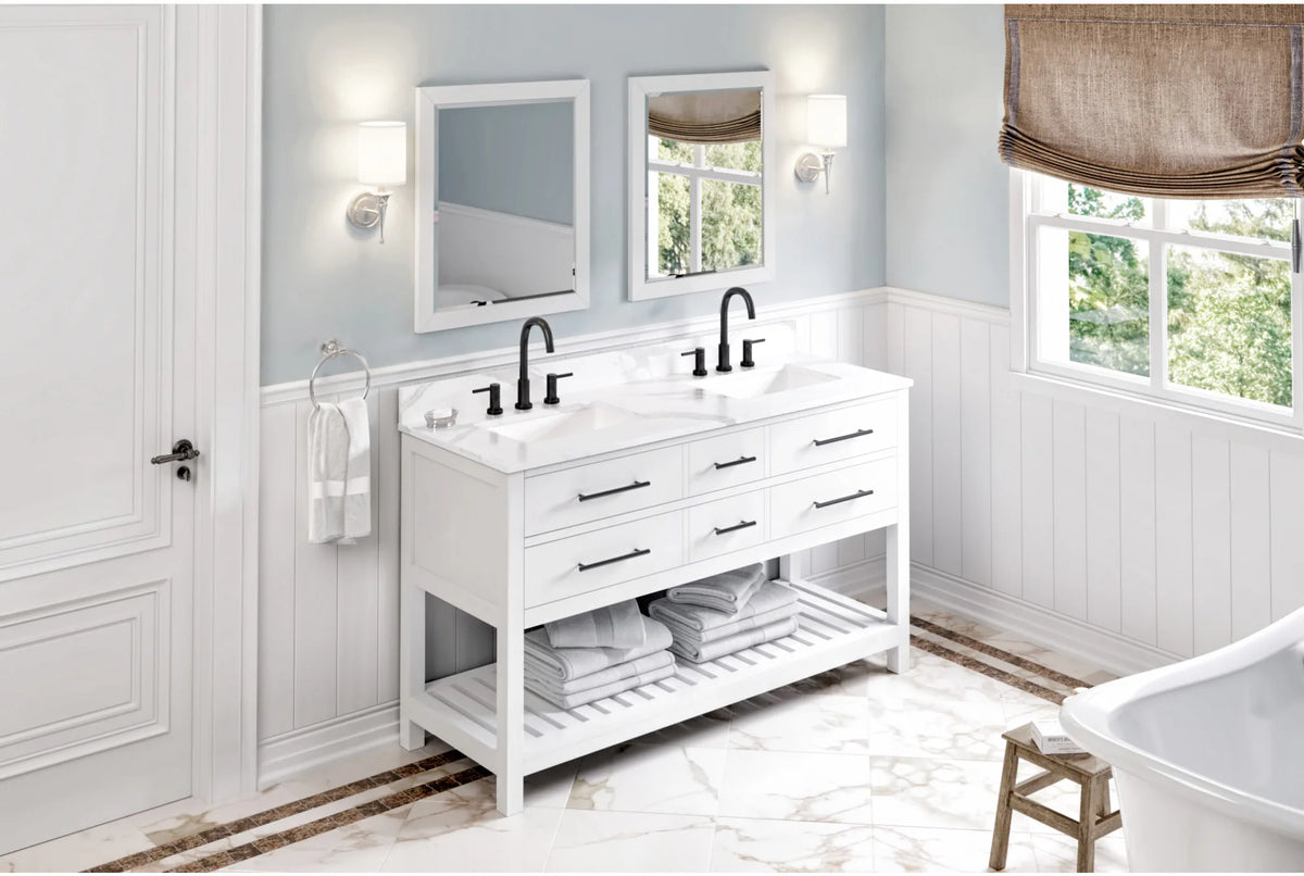 Wavecrest 60'' White Vanity, double bowl, Calacatta Vienna Quartz Vanity Top, two undermount rectangle bowls VKITWAV60WHCQR