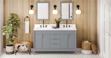 Theodora 60'' Grey Vanity, double bowl, Calacatta Vienna Quartz Vanity Top, two undermount rectangle bowls VKITTHE60GRCQR