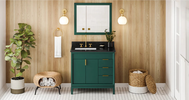 Theodora 36'' Forest Green Vanity, left offset, Black Granite Vanity Top, undermount rectangle bowl VKITTHE36GNBGR